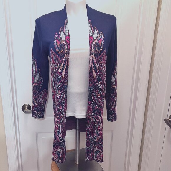Ruby Rd. Open Front Long Sleeve Cardigan-Blue/Pink Mix-Size Medium-Casual-Long - Picture 3 of 16